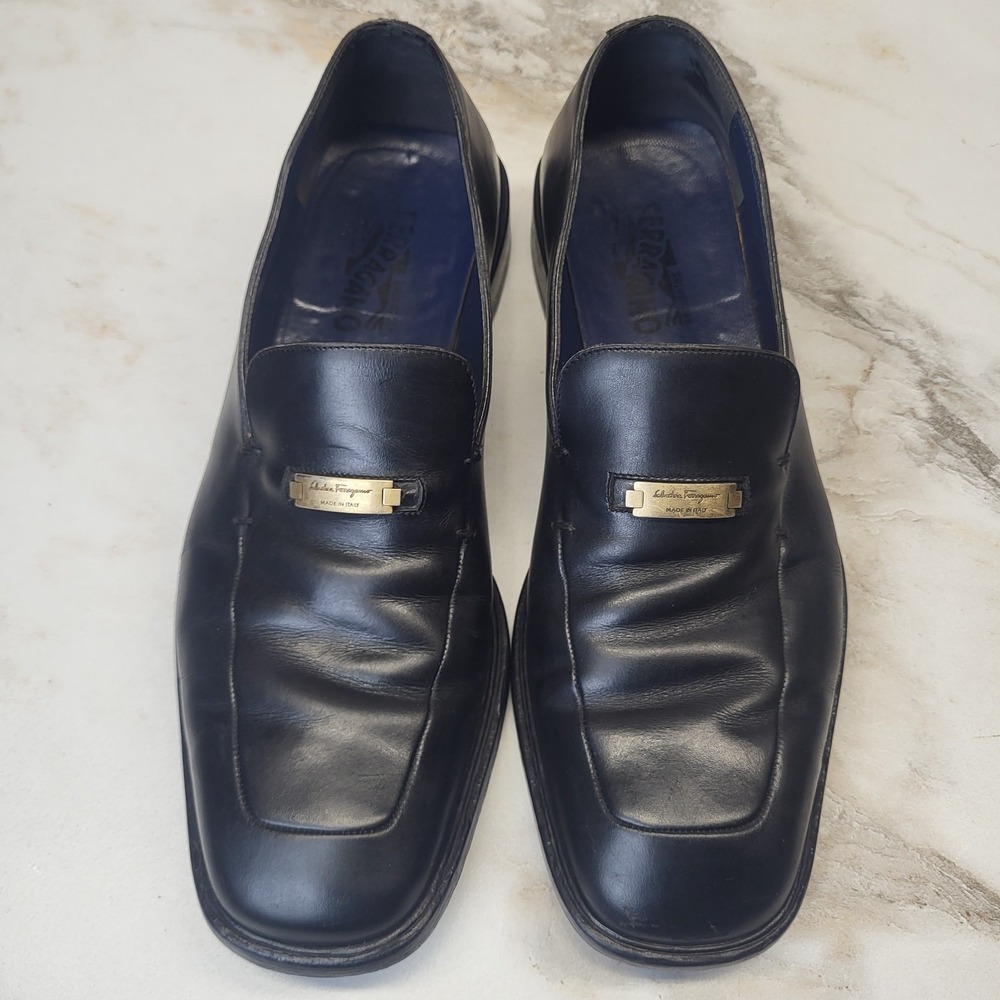 Salvatore Ferragamo Plated Apron Toe Loafers Black Men's Size 11.5 D